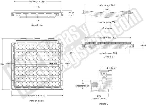 Rejilla de fundición dúctil cuadrada en forma de "V" abatible Clase C-250