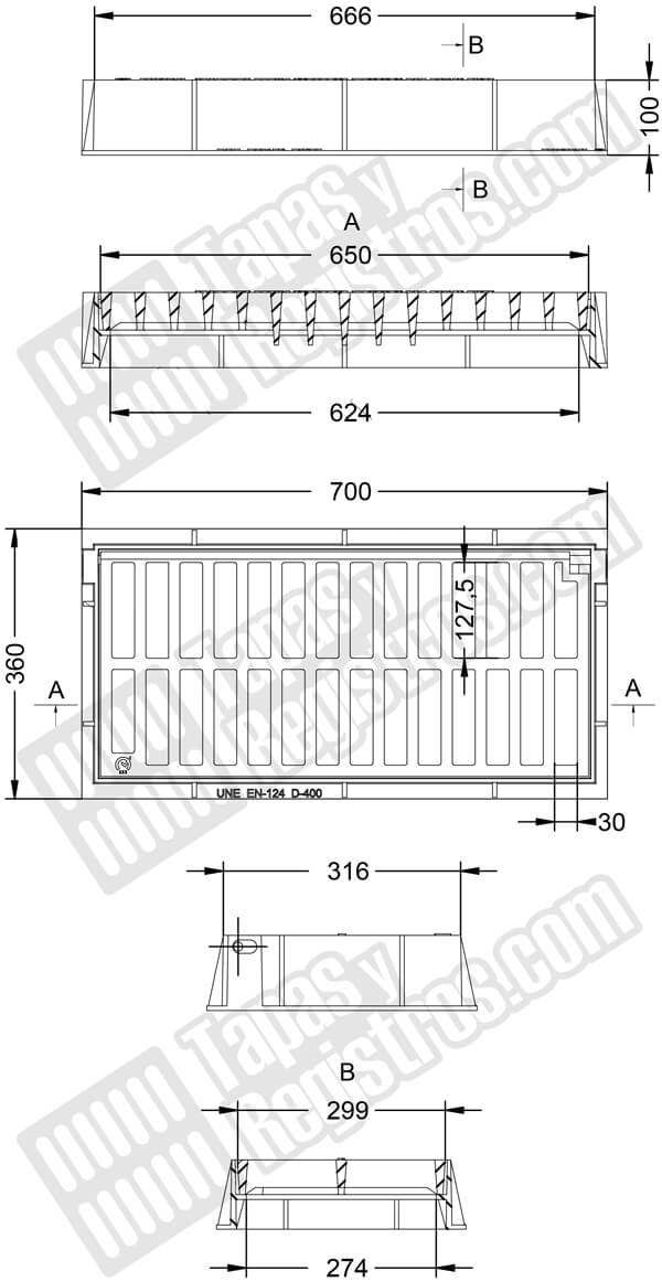 Rejilla de fundición dúctil 650x299 mm articulada Clase D-400 H 100mm