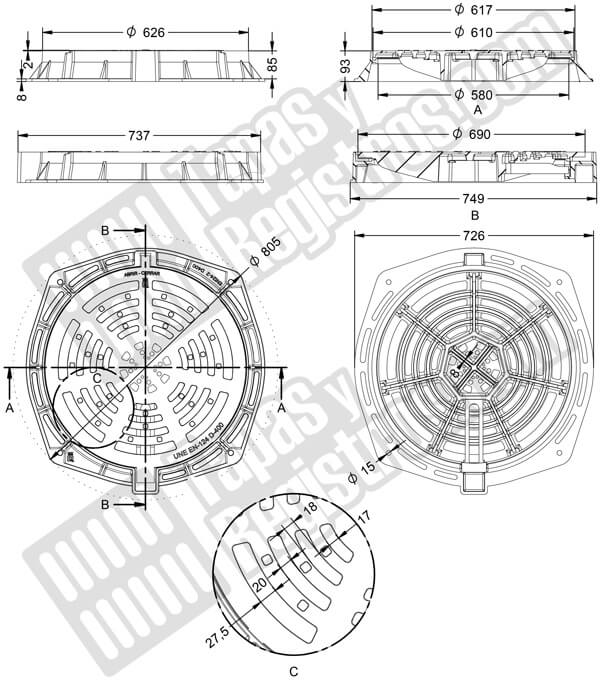 Reja imbornal en fundición dúctil D-400 Ø 580 mm H 93 mm