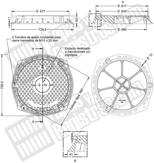 Tapas para arquetas en fundición dúctil D-400 Ø 610 mm estanca H 93 mm