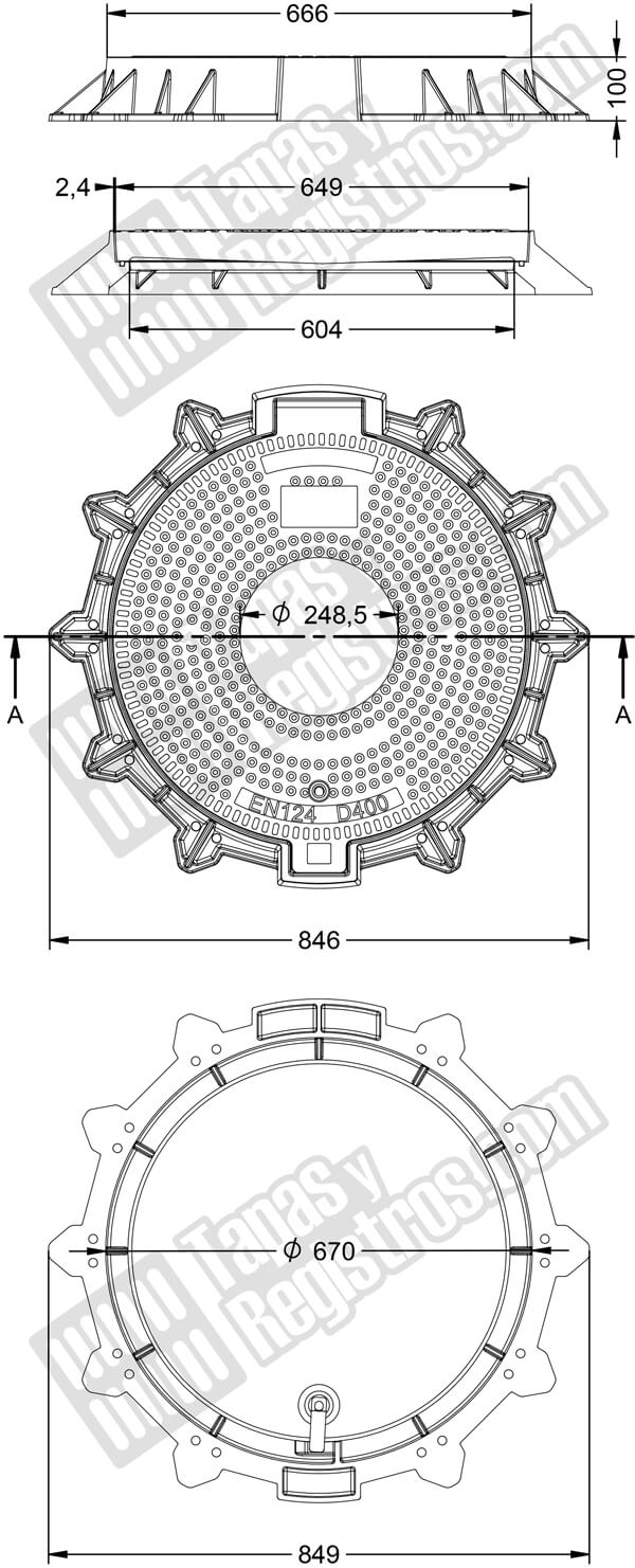 Tapas para arquetas, pozo o alcantarilla de composite con marco de fundición dúctil con diámetro de 610 mm y 100 mm de altura. Clase de carga D-400 UNE-EN 124.