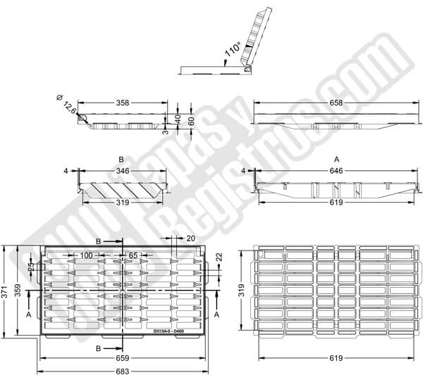 Rejilla de fundición dúctil 346x646 mm abatible o articulada Clase D-400