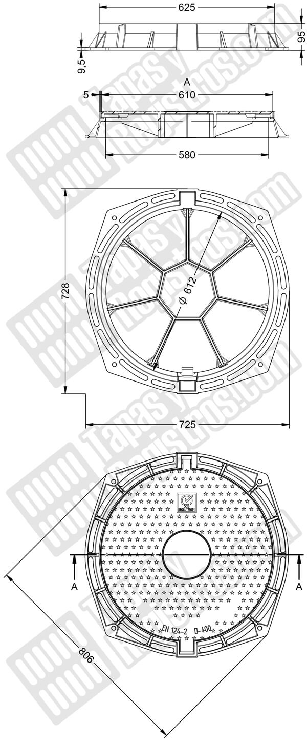 Tapas de arquetas en fundición dúctil D-400 Ø 610 mm H 100 mm