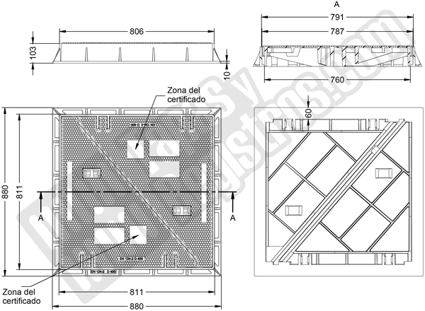 Tapas para arquetas en fundición dúctil clase D-400 785 x 785 mm de 2 hojas triangulares sin cierre