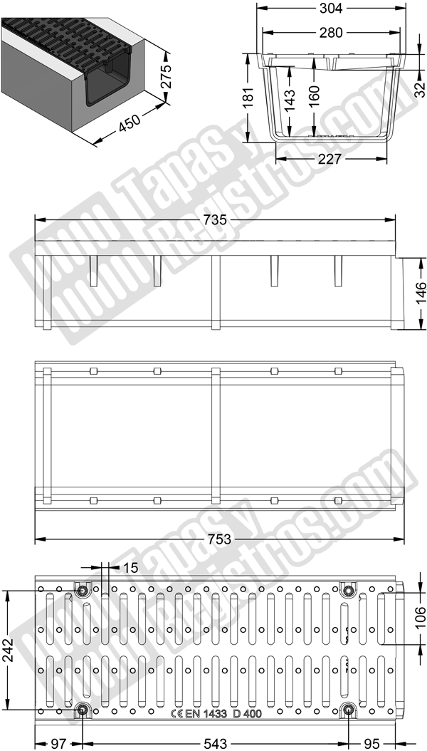 Conjunto canal y rejilla de fundición 300x750 mm - Clase D400