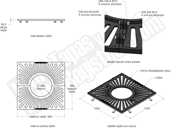 Alcorques para árboles en fundición cuadrado 980x980 Ø450