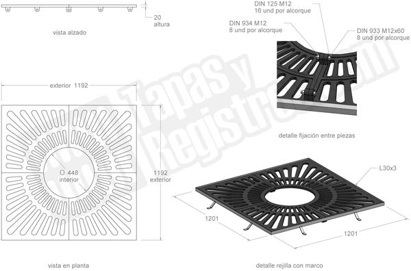 Alcorques para árboles en fundición cuadrado 1192x1192 Ø448