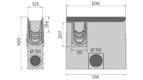 Arqueta de hormigón polímero con arenero de 125x500 mm con marco y cestillo
