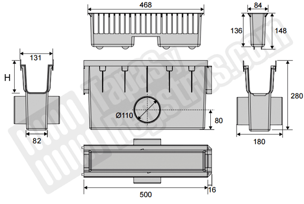 Arqueta sifónica de polipropileno con cestillo y salida de 110 mm