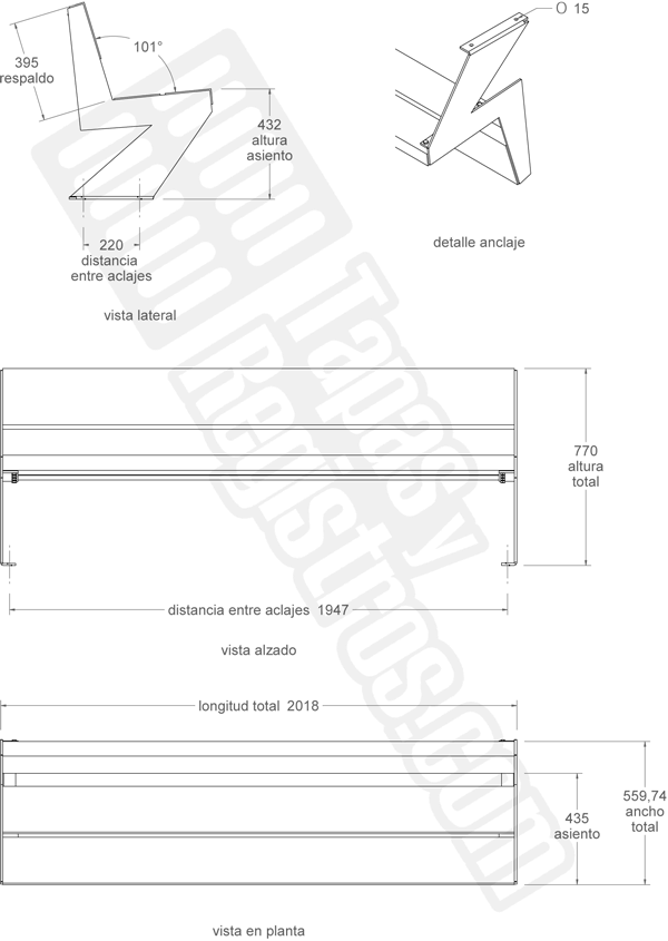 Banco urbano modelo ZENIT acero galvanizado y madera de guinea