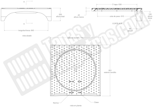 Bordillo tragadero tipo Andorra de 800x800x200 mm clase C-250