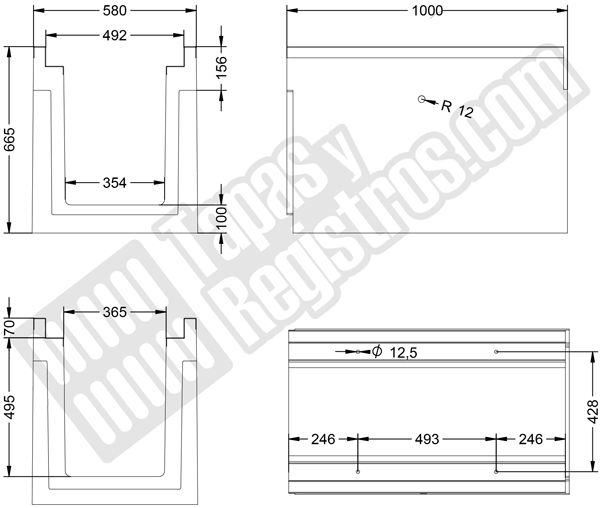 Canaleta prefabricada de hormigón H-200 580x1000 mm con perfil zincado