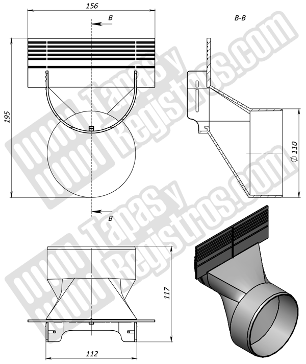 Tapa lateral H60 con salida D50 para canaleta de polipropileno BASE DN100