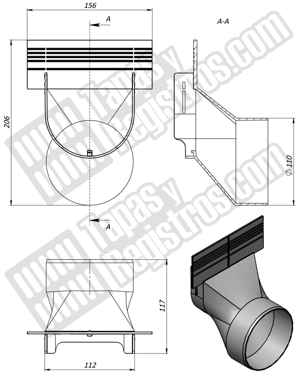 Tapa lateral H150 con salida D100 para canaleta de polipropileno BASE DN100