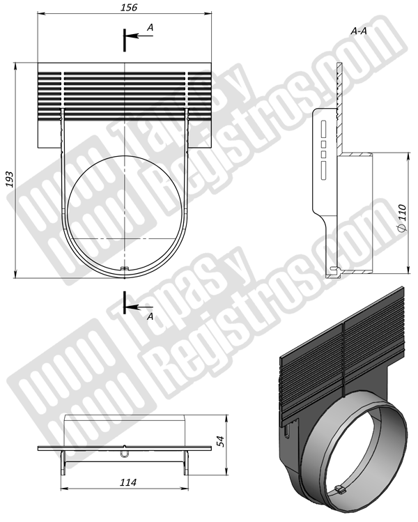 Tapa lateral H200 con salida D100 para canaleta de polipropileno BASE DN100