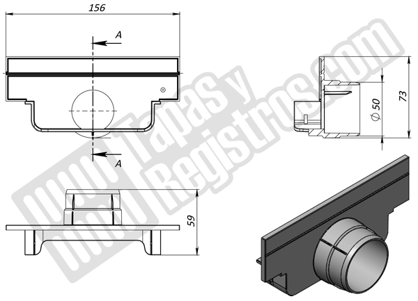 Tapa lateral H60 con salida D50 para canaleta de polipropileno BASE DN100