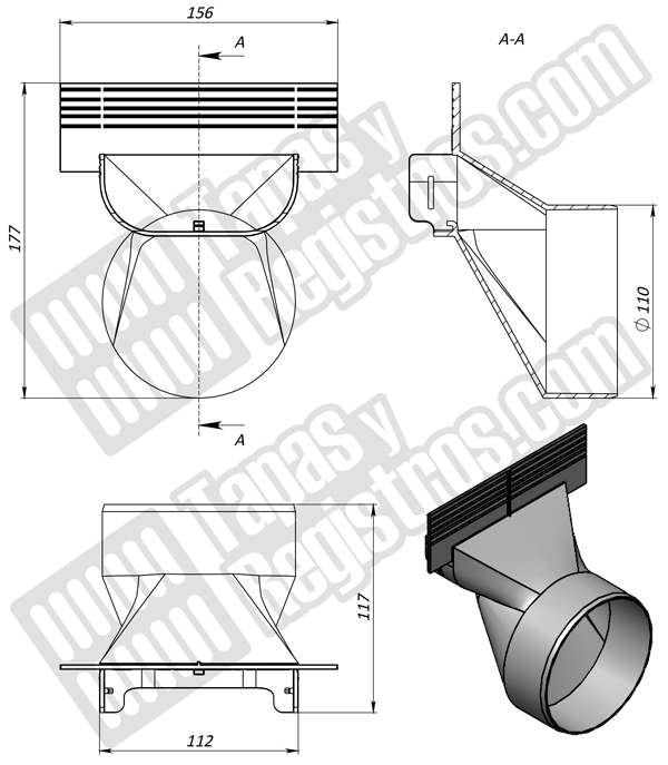 Tapa lateral H80 con salida D100 para canaleta de polipropileno BASE DN100