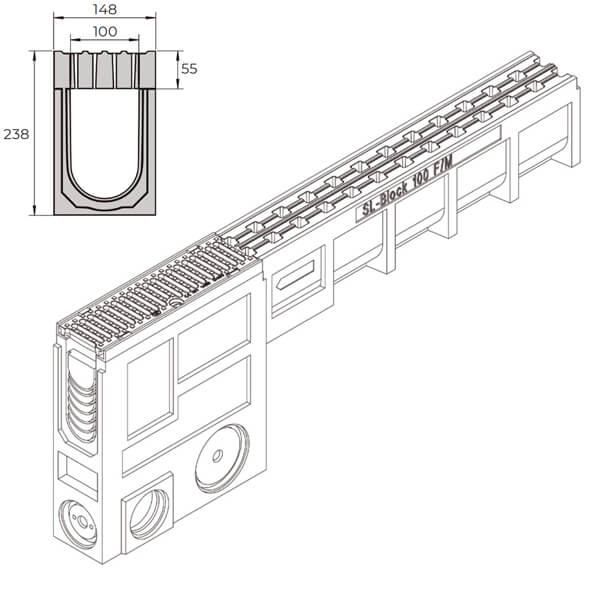 Canaleta de hormigón polímero de 148x1000 mm con reja F900