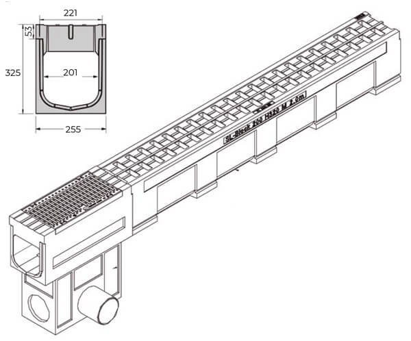 Canaleta de hormigón polímero de 255x1000 mm con reja F900 - SL-Block 200