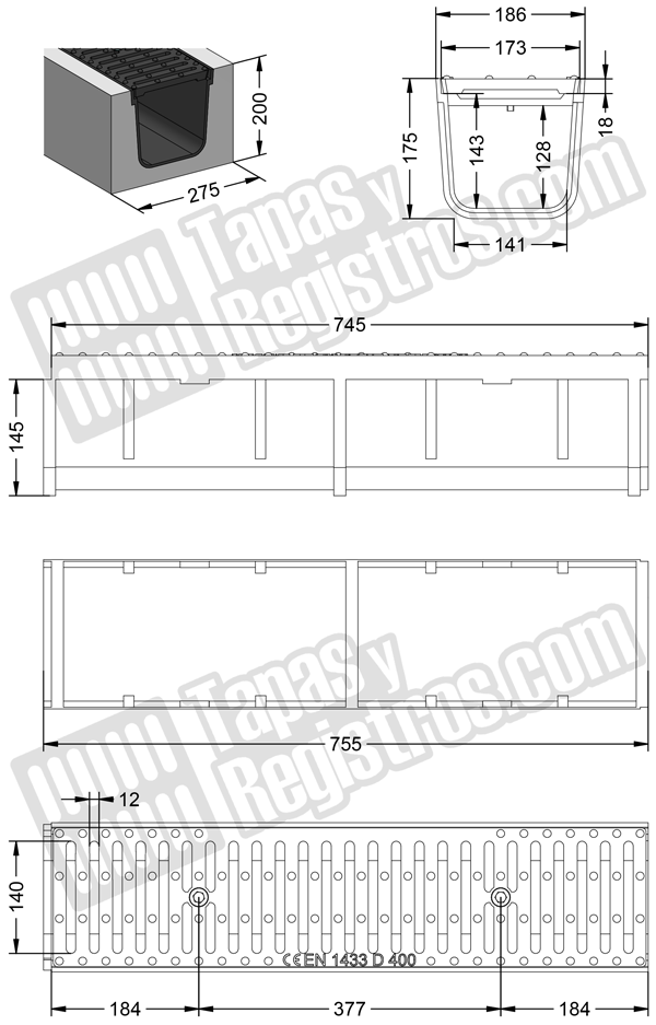 Conjunto canal y rejilla de fundición 186x755 mm - Clase D400