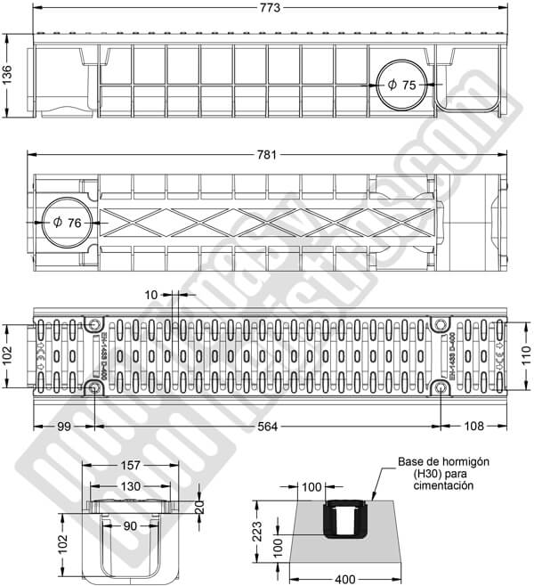 Conjunto canaleta de polipropileno con reja de fundición 157x781 D400