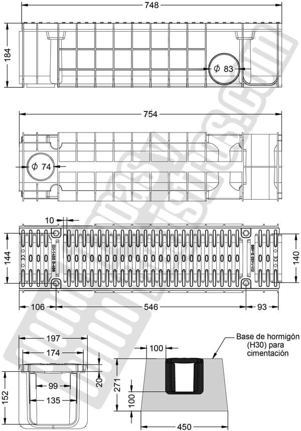 Conjunto canaleta de polipropileno con reja de fundición 157x781 D400