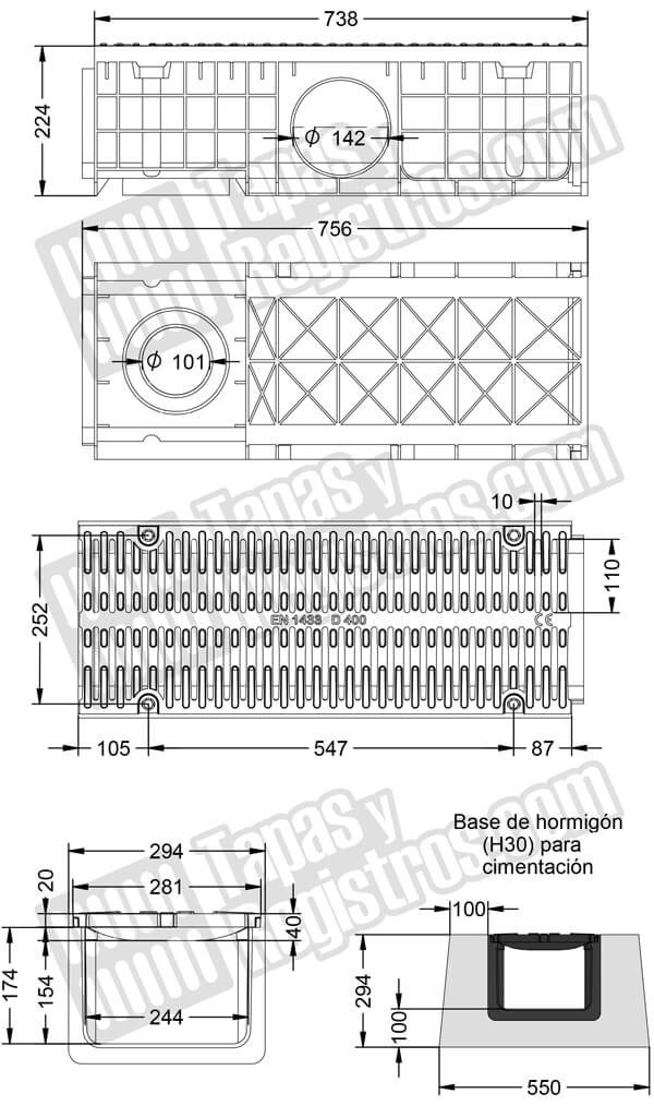 Conjunto canaleta de polipropileno con reja de fundición 157x781 D400