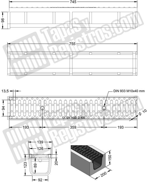 Conjunto canal y rejilla de fundición 139x755 mm - Clase D400