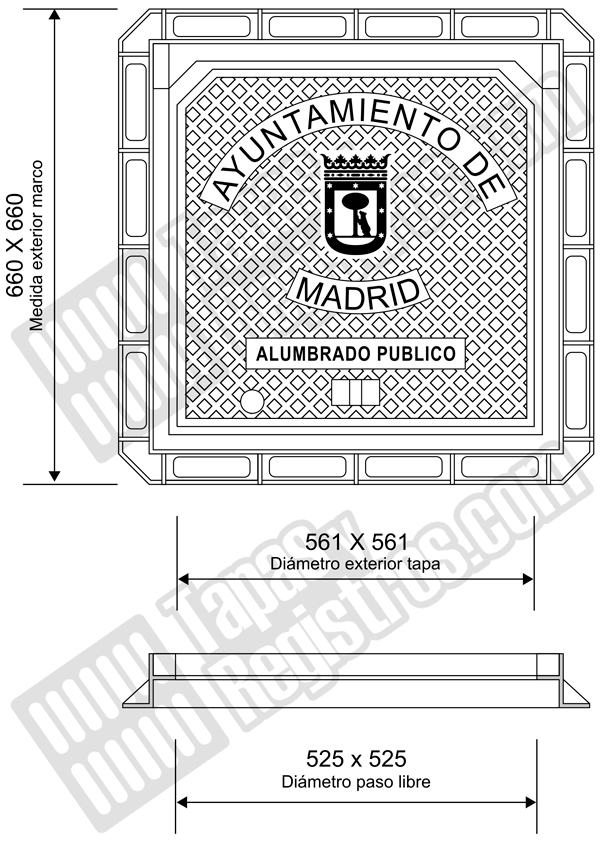 Tapas de arquetas en fundición dúctil 561x561 abatible B-125 H 75 mm - Ayuntamiento de Madrid