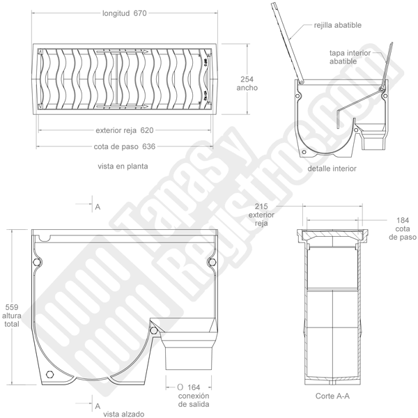 Imbornal sifónico de fundición con reja abatible 670x254x559 mm