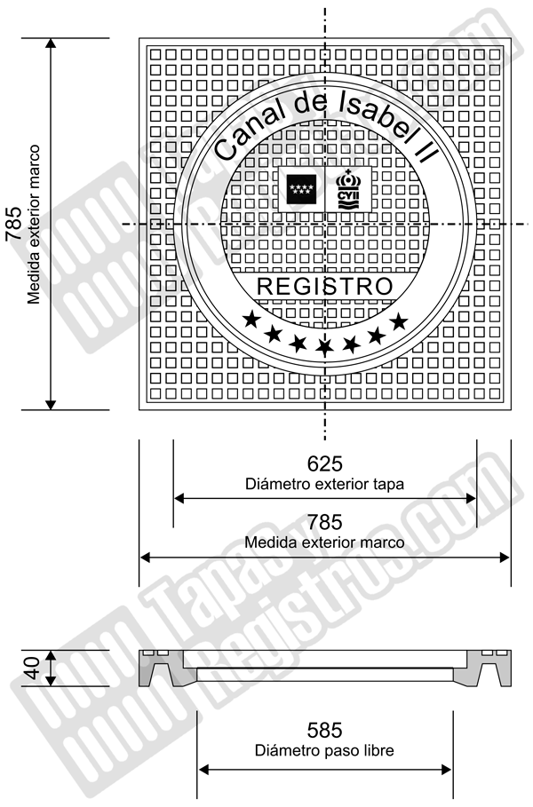 Tapas de arquetas en fundición dúctil 785x785 B-125 Ø 625 mm H 40 mm - Canal de Isabel II