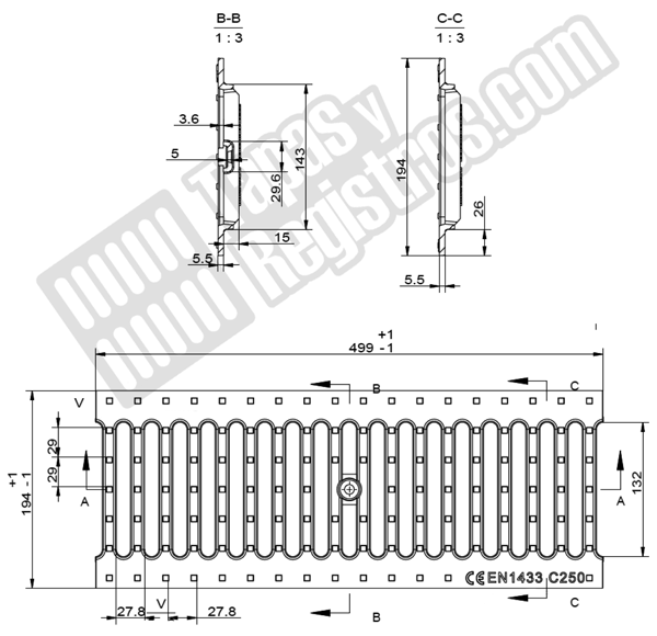 Rejilla de fundición dúctil de largo 500 mm de sobreponer Clase C-250