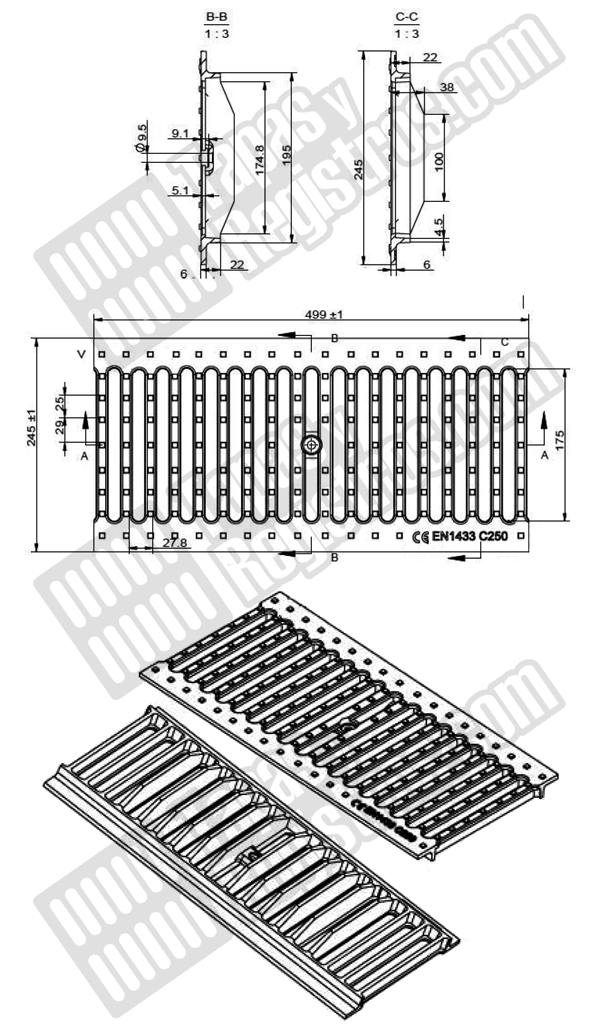 Rejilla de fundición dúctil de largo 500 mm de sobreponer Clase C-250