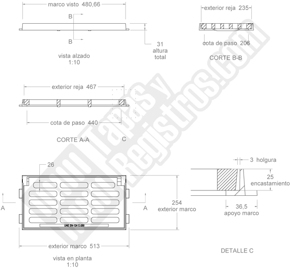 Reja de fundición dúctil 510x250 mm diagonal abatible clase c-250