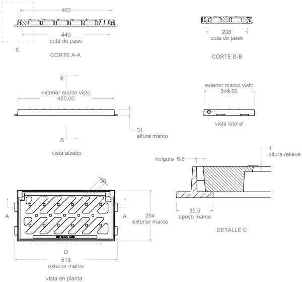 Rejilla de fundición dúctil 510x250 mm abatible o articulada Clase C-250