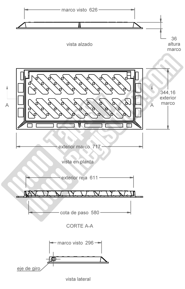 Rejilla de fundición dúctil 611x2966 mm abatible o articulada 250 Kn