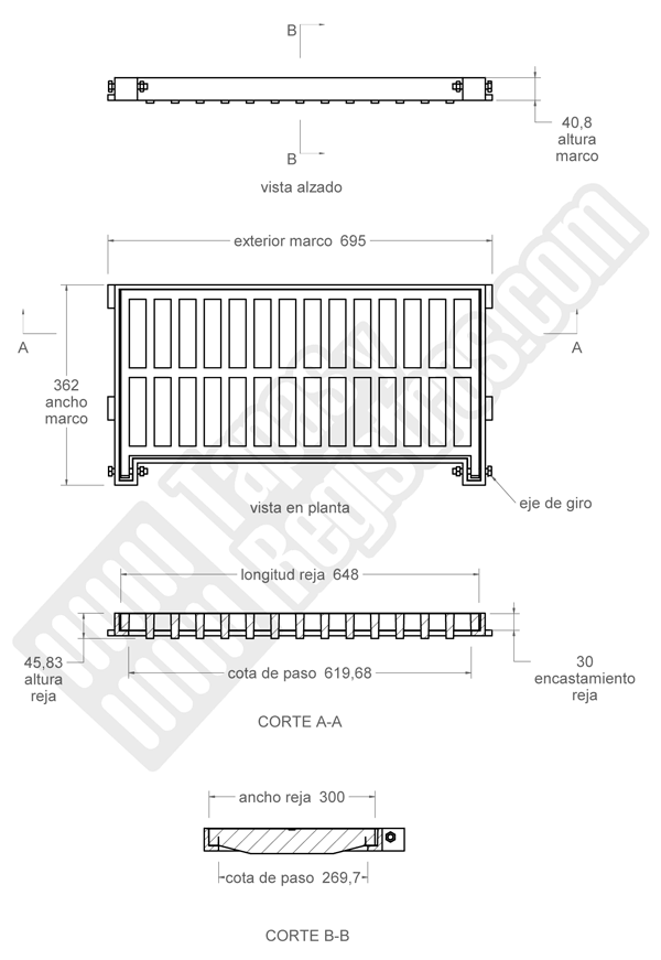 Rejilla de fundición dúctil 650x330 mm articulada Clase C-250