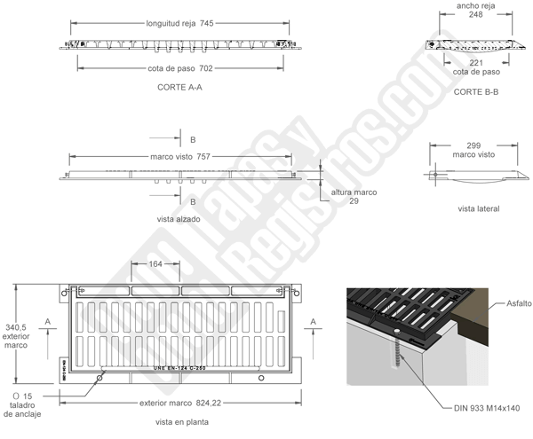 Rejilla de fundición dúctil 745x248 mm abatible o articulada Clase C-250