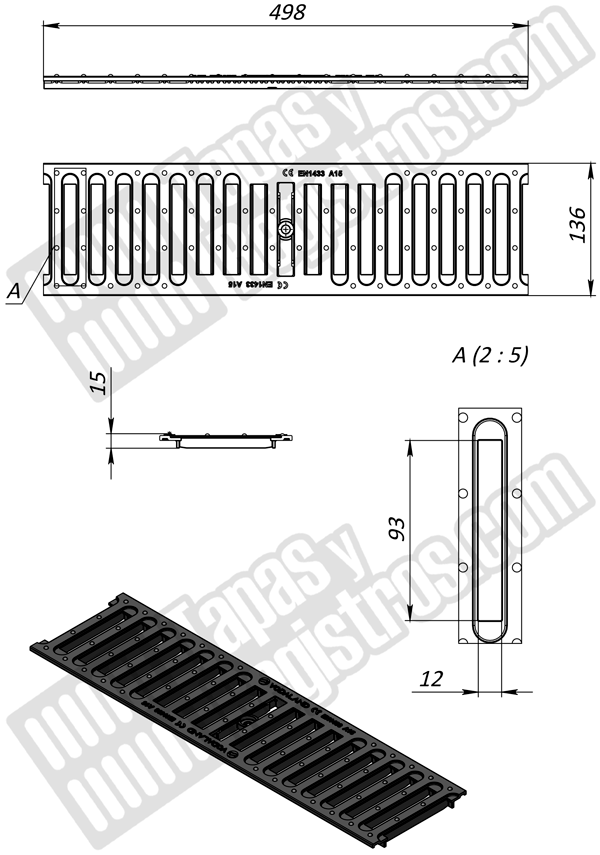 Rejilla plástica de 136x498 mm en plástico