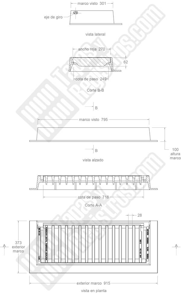 Rejilla de fundición dúctil 795x301 mm articulada Clase C-250