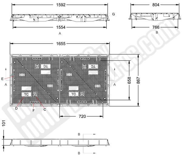 Tapas para arquetas en fundición dúctil clase D-400 1592x804 mm de 4 hojas triangulares