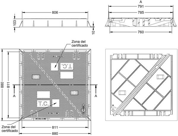 Tapas para arquetas en fundición dúctil clase D-400 806x806 mm de 2 hojas triangulares Catálogo   Productos