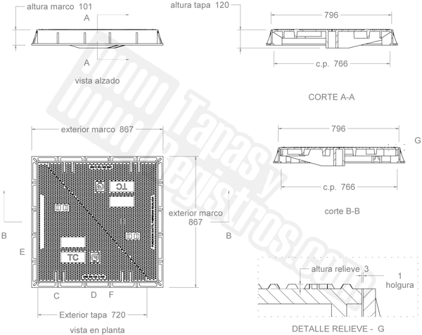 Tapas para arquetas en fundición dúctil clase D-400 796x796 mm de 2 hojas triangulares