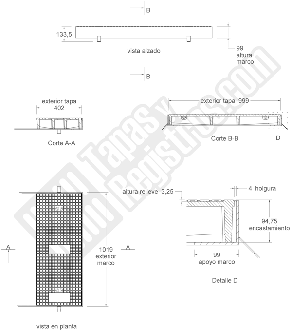 Bandeja o tapa de fundición dúctil de 1005x400 carga 400 KN