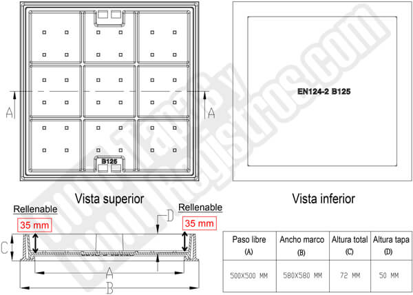 Tapas rellenable clase B-125 60x60