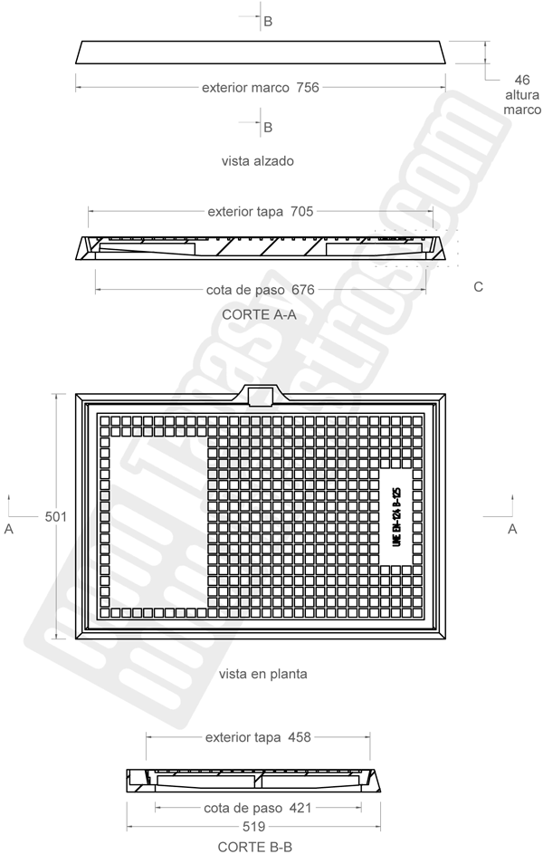 Tapas para arquetas en fundición dúctil clase B-125 705x458 mm