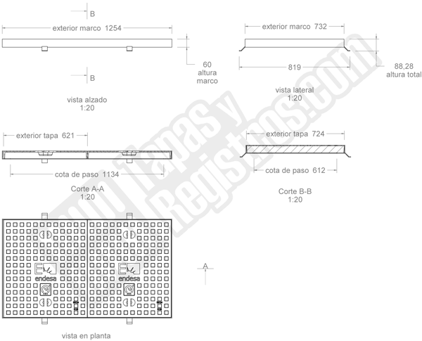 Tapa y marco 1242x724 mm Sevillana fundición dúctil D400