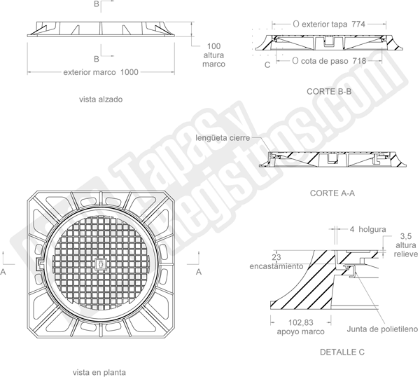 Tapas para arquetas en fundición dúctil D-400 Ø 774 mm H 100 mm