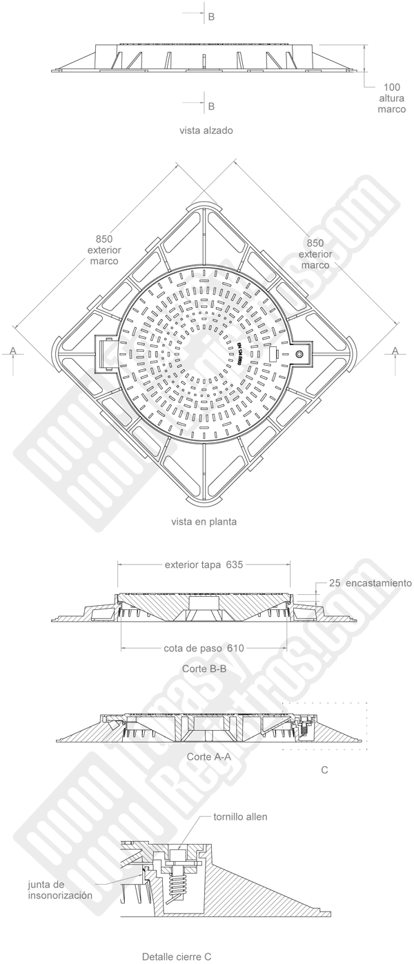 Tapas de arquetas en fundición Ø 635 850x850 mm E-600 con cierre