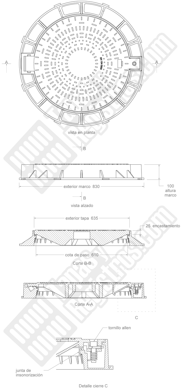 Tapas de arquetas en fundición dúctil E-600 Ø 635 mm H 100 mm
